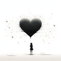 Silhouette of a Woman or having a balloon in the shape of a black heart in the background flying biHeart as a symbol of Royalty Free Stock Photo