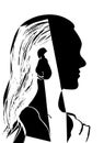 Silhouette of woman head. Profile of a beautiful young girl with long hair. Black and white vector illustration. Fashion concept. Royalty Free Stock Photo