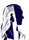 Silhouette of woman head. Profile of a beautiful young girl with long hair. Blue and white vector illustration. Fashion concept. Royalty Free Stock Photo