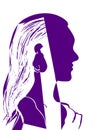 Silhouette of woman head. Profile of a beautiful young girl with long hair. Purple and white vector illustration. Fashion concept. Royalty Free Stock Photo