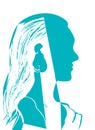 Silhouette of woman head. Profile of a beautiful young girl with long hair. Turquoise and white vector illustration. Fashion Royalty Free Stock Photo