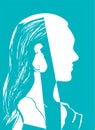 Silhouette of woman head. Profile of a beautiful young girl with long hair. Turquoise and white vector illustration. Fashion Royalty Free Stock Photo