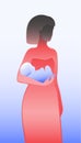 Silhouette of a woman holding a baby, in red and blue; on gradient background