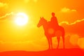 Silhouette or woman and horse running across horizon as the sun goes down Royalty Free Stock Photo