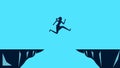 Silhouette of a woman jumping over a cliff gap. business concept