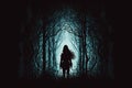 A silhouette of a woman with long hair standing in the woods Royalty Free Stock Photo