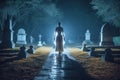 Silhouette of a woman in a long white dress walking through the cemetery at night