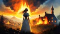 silhouette of woman looking at burning houses