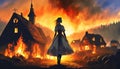 silhouette of woman looking at burning houses