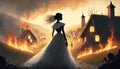 silhouette of woman looking at burning houses