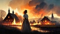 silhouette of woman looking at burning houses