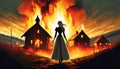 silhouette of woman looking at burning houses