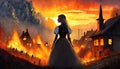 silhouette of woman looking at burning houses