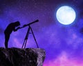 Women looking at the stars sky with telescope. Royalty Free Stock Photo