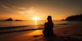 silhouette of a woman looking at sunset on the beach, girl sitting on the beach sand enjoying a sunrise on vacations, generative Royalty Free Stock Photo