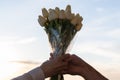 Silhouette of woman and man holding in their hands a bouquet of white tulips flowers against sunset beach. Royalty Free Stock Photo