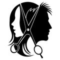 Silhouette of a woman and a man with scissors. Design suitable for tool shop logo, haircut salon, barber shop, decor, tattoo