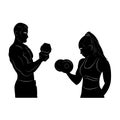 Silhouette. Woman and man in training. Dumbbells. Fitness. Logo. Sport. GYM. Bodybuilding Royalty Free Stock Photo