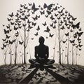 Silhouette of a woman meditating in the forest with butterflies Royalty Free Stock Photo