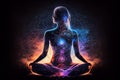 Silhouette of Woman Meditating mental transformation with chakras energy. Abstract chakra meditation energy background