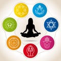 Silhouette of woman in meditation position surrounded by seven colored circles with icons of yoga and reiki