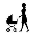 Silhouette woman mother with pram baby walking Royalty Free Stock Photo