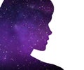 Silhouette of woman over violet space background Royalty Free Stock Photo