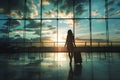 silhouette of a woman passenger with luggage suitcase at the international airport terminal Royalty Free Stock Photo