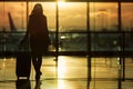 silhouette of a woman passenger with luggage suitcase at the international airport terminal Royalty Free Stock Photo