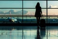 silhouette of a woman passenger with luggage suitcase at the international airport terminal Royalty Free Stock Photo