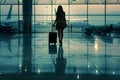 silhouette of a woman passenger with luggage suitcase at the international airport terminal Royalty Free Stock Photo