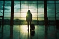 silhouette of a woman passenger with luggage suitcase at the international airport terminal Royalty Free Stock Photo