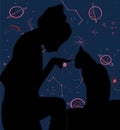 Silhouette of a woman playing a cat and the universe in the background Royalty Free Stock Photo