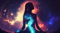 Silhouette of woman in the position of a lotus flower against the background of a magical sky. Meditation and relaxation.