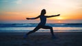 Silhouette Woman practice yoga warrior pose to meditation with summer vacation beach happiness and relaxation. Calm female Royalty Free Stock Photo