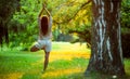 Silhouette woman practicing yoga in the forest at sunset. Meditation workout concept. Royalty Free Stock Photo