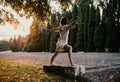 Silhouette woman practicing yoga in the forest at sunset. Meditation workout concept. Royalty Free Stock Photo