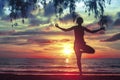 Silhouette woman practicing yoga on the sea beach at blood-surrealistic sunset. Royalty Free Stock Photo