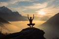 Silhouette of a woman practicing yoga on top of a mountain at sunrise, A woman doing yoga on the mountain, AI Generated Royalty Free Stock Photo