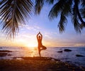 Silhouette of a woman practicing yoga by the tropical sea at sunset. Royalty Free Stock Photo