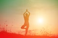 Silhouette of woman praying over beautiful sky background