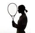 Silhouette, woman and racket in studio for tennis, sports competition and contest on white background from the back