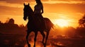 Silhouette of a woman riding a horse at sunset. Equestrian Elegance. Generative AI Royalty Free Stock Photo