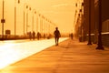 Silhouette of a woman running on a boardwalk at sunset. Long Beach NY