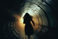 A silhouette of a woman running, fleeing from something, through a tunnel. View from behind. AI generated