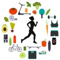 Silhouette of a woman running, surrounded by icons of healthy food, vegetables and sports equipment for different sports. Healthy Royalty Free Stock Photo