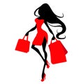 Silhouette woman with shopping bag, vector banner template for female shopping