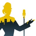 Silhouette of woman singer and skyline of city inside. Retro style