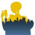 Silhouette of woman singer and skyline of city inside. Retro style