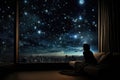 Silhouette of woman sitting in bed and looking at night city, A room in an apartment can see the sky full of stars, AI Generated Royalty Free Stock Photo